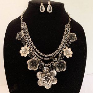 2 Pc Black Bead and Silver tone 3 Strand Flower Charm Necklace Earrings Signed